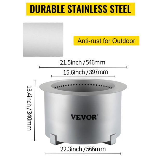 VEVOR Stainless Steel Smokeless Fire Pit, 22′′ Wood Burning Bowl for Outdoor Camping & Backyard