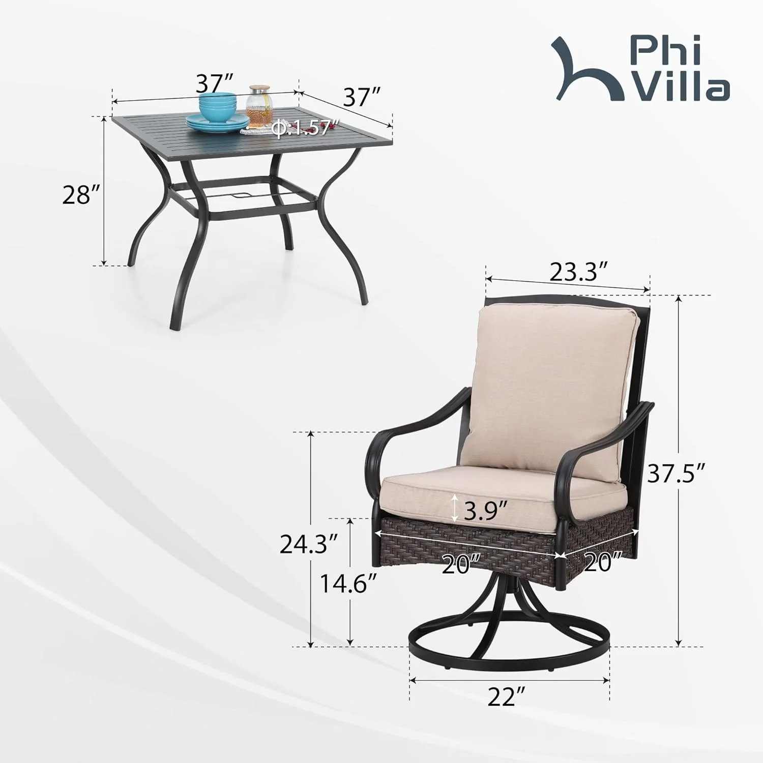 PHI VILLA 6-Piece Outdoor Dining Sets, All-Weather Patio Table and Chairs Set with Umbrella for 4, Heavy Duty Patio Round Table Set for Deck, 4 Extra Large Outdoor Swivel Chairs with Thick Cushions