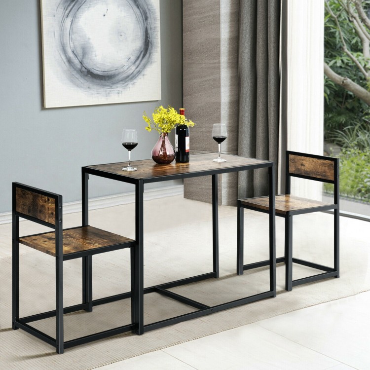 3 Pieces Dining Set Compact Table and 2 Chair with Metal Frame for Small Space