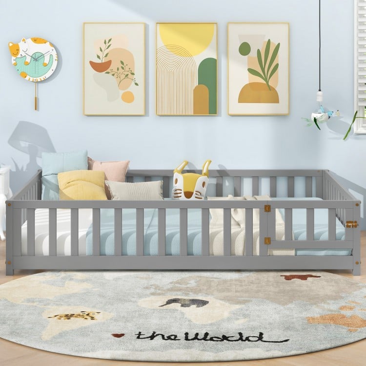 Montessori Bed Frame with Full-length Guardrails Safety Door and Latch