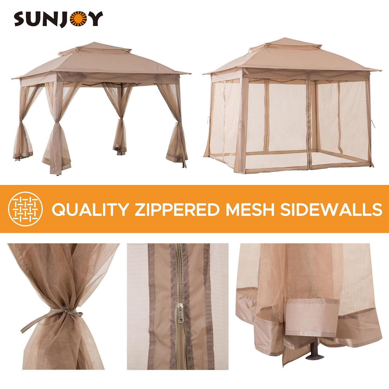 Sunjoy Tawney 11×11 ft. Khaki Steel Pop-Up Gazebo with Netting & Carry Bag