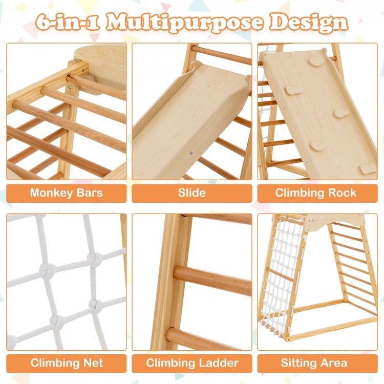 6-in-1 Jungle Gym Wooden Indoor Playground with Double-Sided Ramp and Monkey Bars
