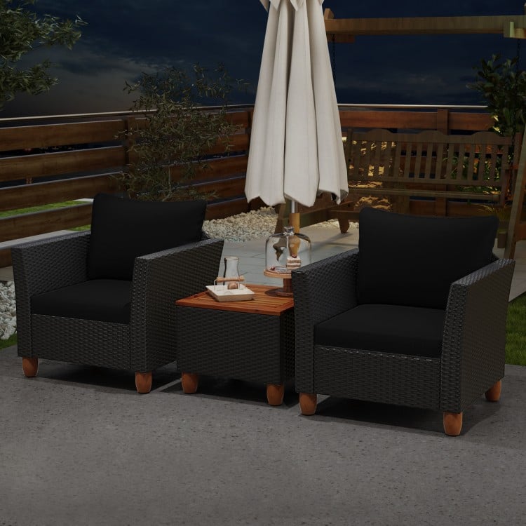 3 Pieces Outdoor Patio PE Rattan Furniture Set with Cushions and Acacia Wood Coffee Table