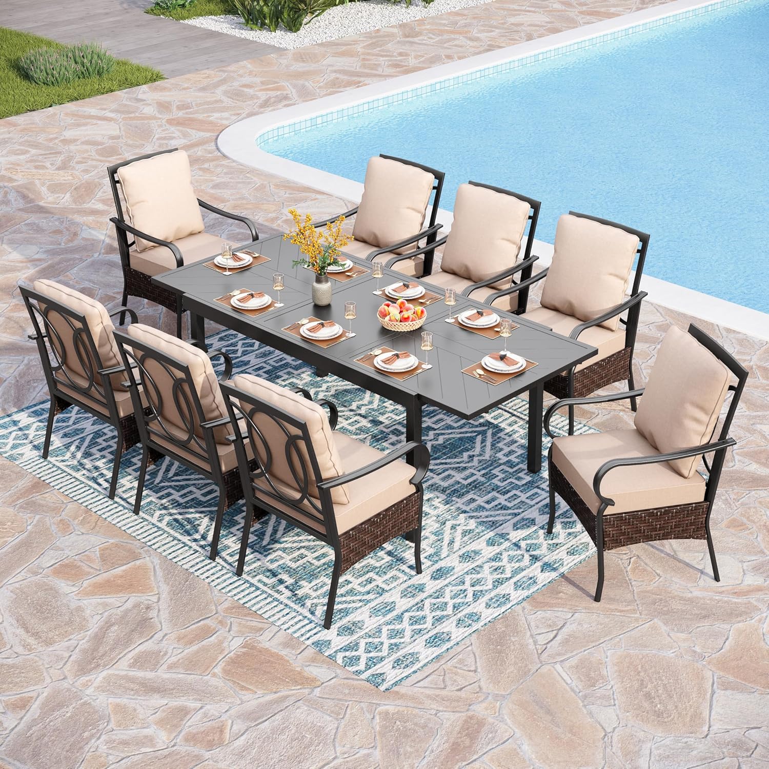PHI VILLA 6-Piece Outdoor Dining Sets, All-Weather Patio Table and Chairs Set with Umbrella for 4, Heavy Duty Patio Round Table Set for Deck, 4 Extra Large Outdoor Swivel Chairs with Thick Cushions