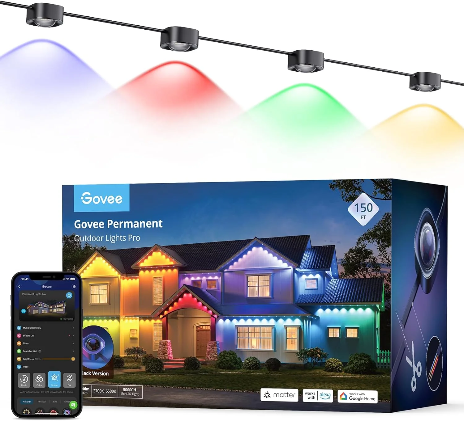 Govee Permanent Outdoor Lights Pro, 100ft with 60 RGBIC LED Lights for Daily and Accent Lighting, 75 Scene Modes for Halloween, IP67 Waterproof, Works with Alexa, Google Assistant, Matter, White
