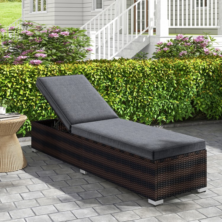 Patio Wicker Lounge Chair with 4-level Backrest and Long Seat Cushion
