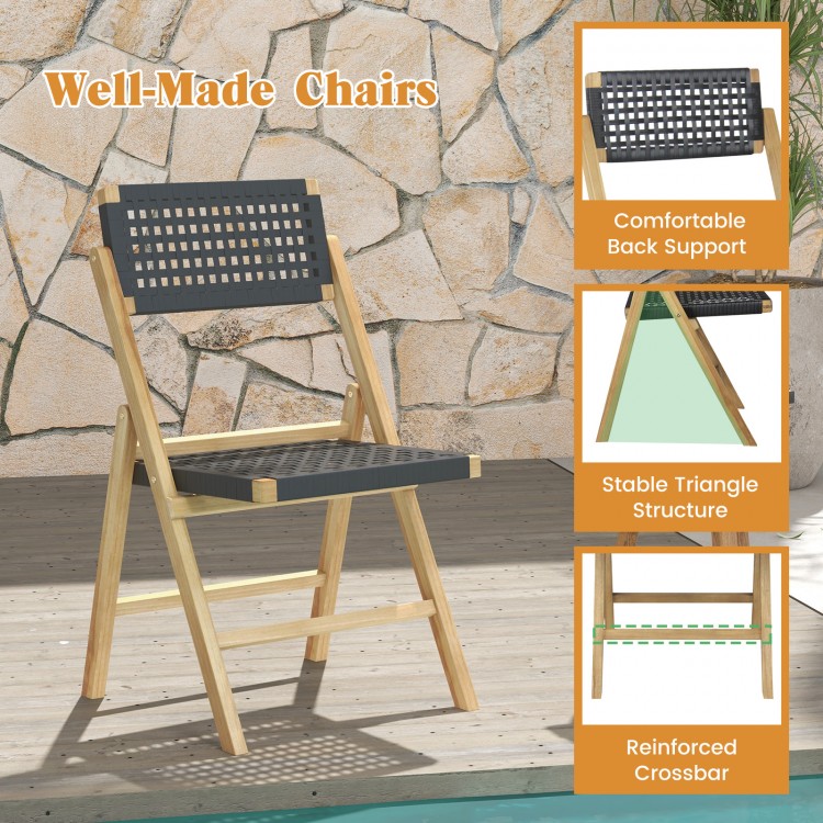 Set of 2 Folding Chairs Indonesia Teak Wood Dining Chairs with Woven Rope Seat and Back