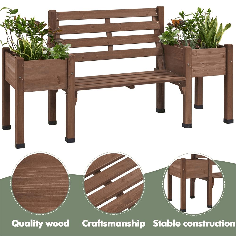 SmileMart Outdoor Wood Bench with Double Planter Boxes, Brown, Fir Wood, Water-Resistant