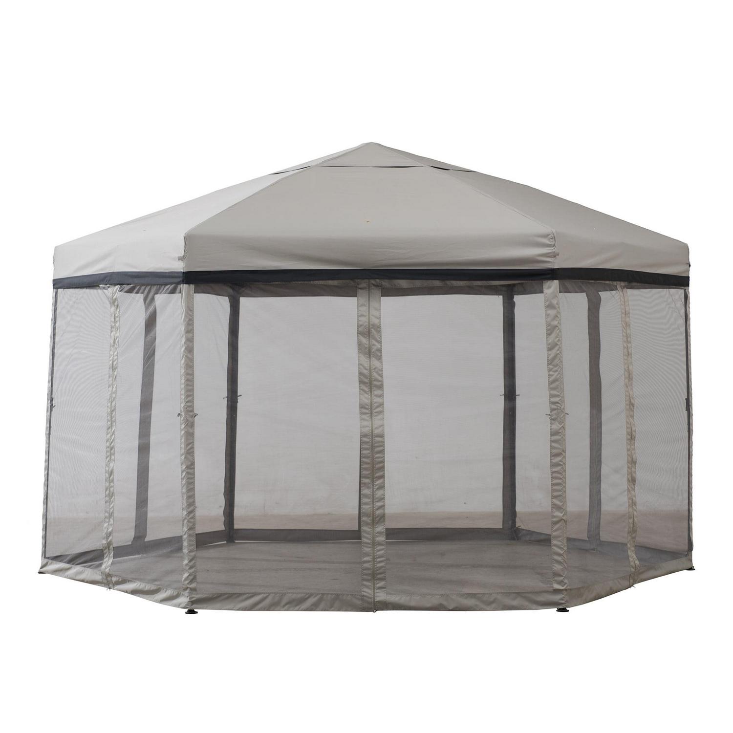 Sunjoy Millbrook 11×11 ft Portable Hexagon Steel Gazebo, Gray/Black, Pop-Up Canopy with Mesh Sidewalls