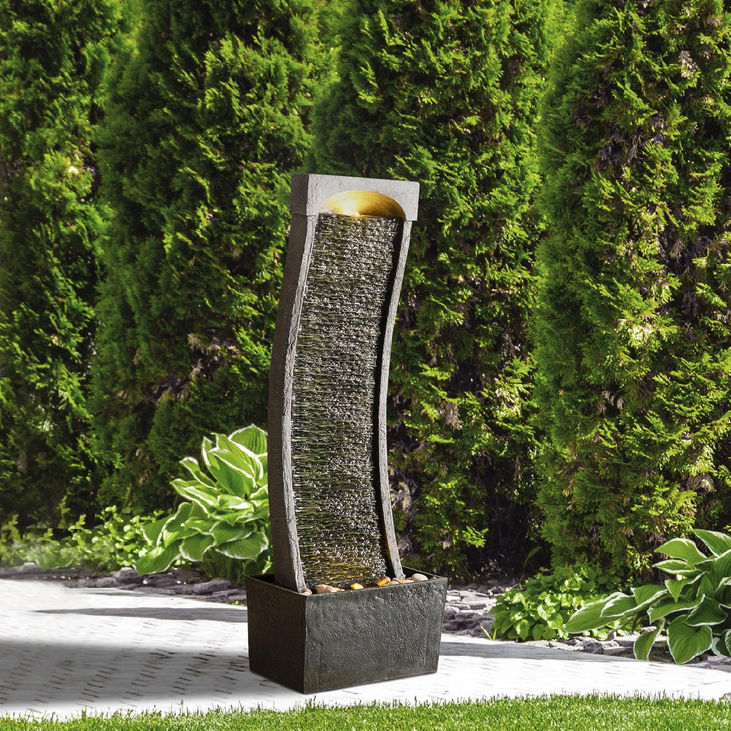 Teamson Home Modern Curved Slate Waterfall Fountain with LED Lights, Indoor/Outdoor, Black/Stone Grey