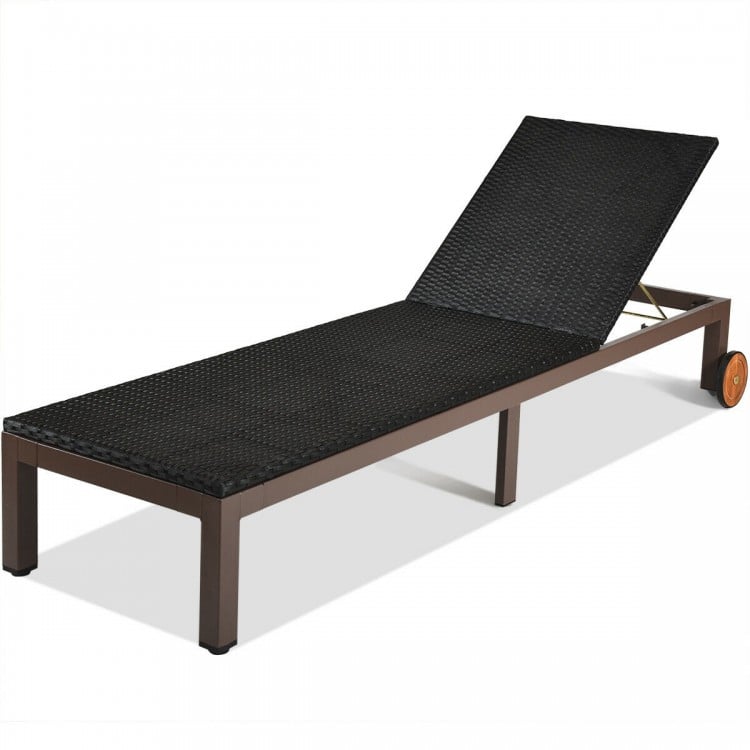 Outdoor Wicker Patio Chaise Lounge Recliner Chair with 5-Position Adjustment and Wheels