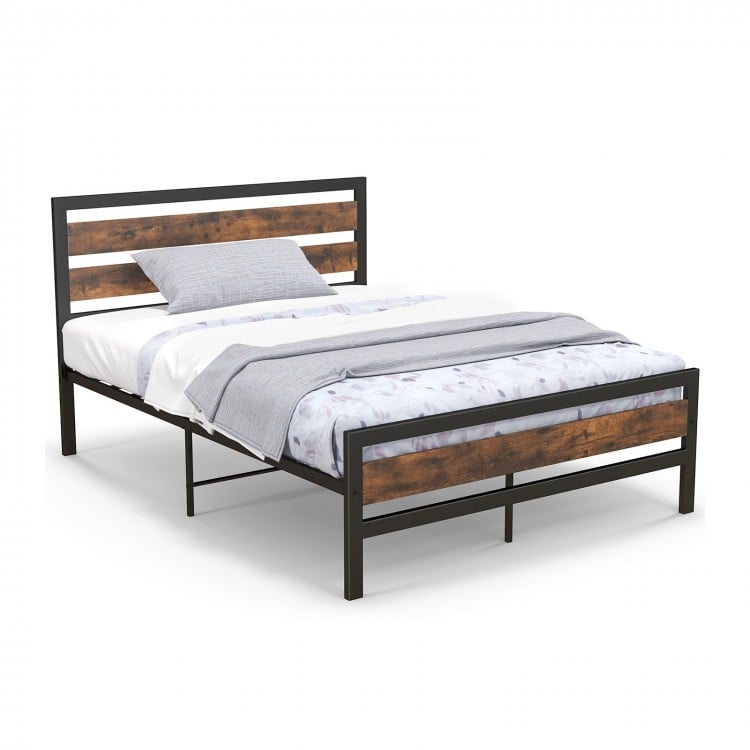 Full/Queen Industrial Bed Frame with Rustic Headboard and Footboard