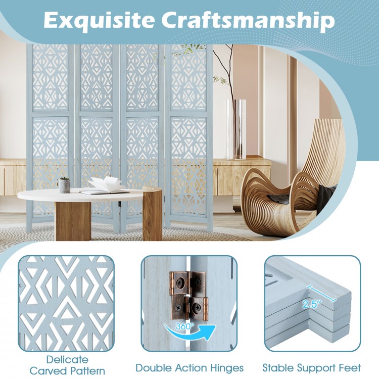 4/6 Panel Wooden Room Divider with Carved Cutout Pattern and Solid Wood Frame