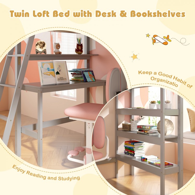 Twin Size Loft Bed with Desk and Bookshelves for Kids and Teens