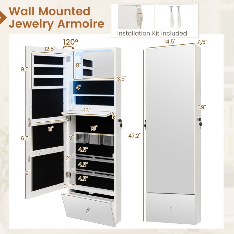 Wall Mounted Jewelry Armoire Organizer with Full-Length Frameless Mirror