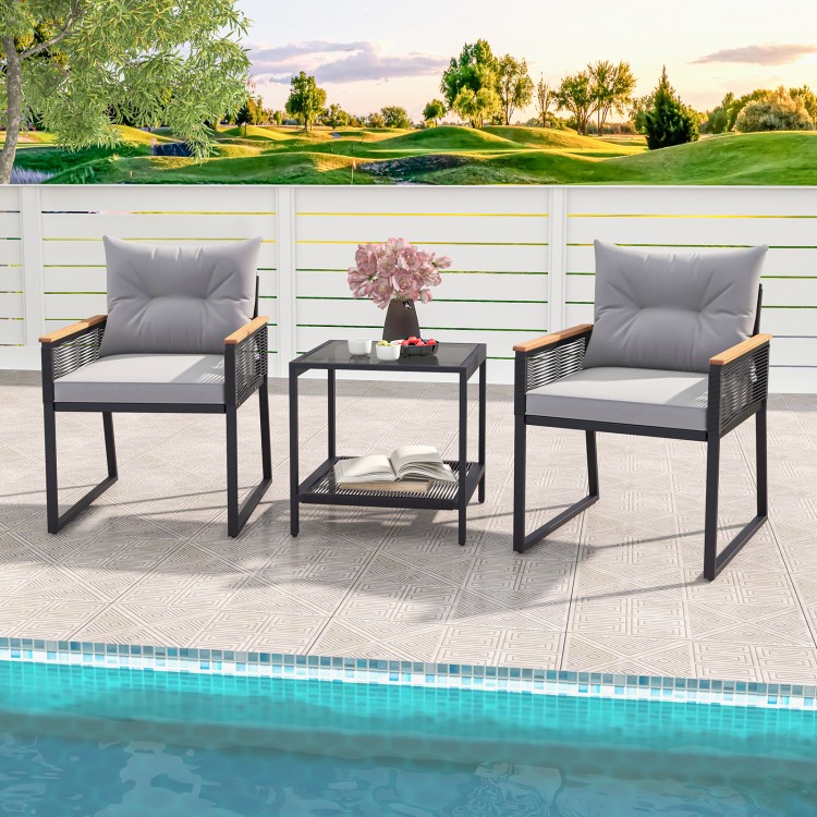3 Pieces Patio Furniture Set with 2 Tier Coffee Table and Soft Seat Cushions