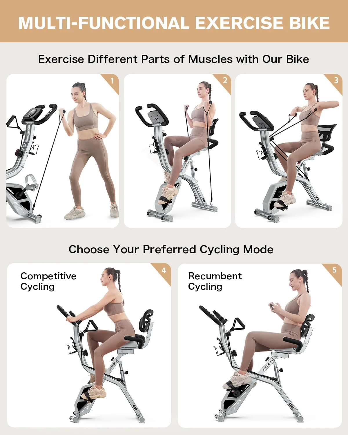 pooboo Folding Exercise Bike, Foldable Fitness Stationary Bike Machine, Upright Indoor Cycling Bike, Magnetic X-Bike with 8-Level Adjustable Resistance, Bottle Holder & Back Support Cushion for Home Gym Workout