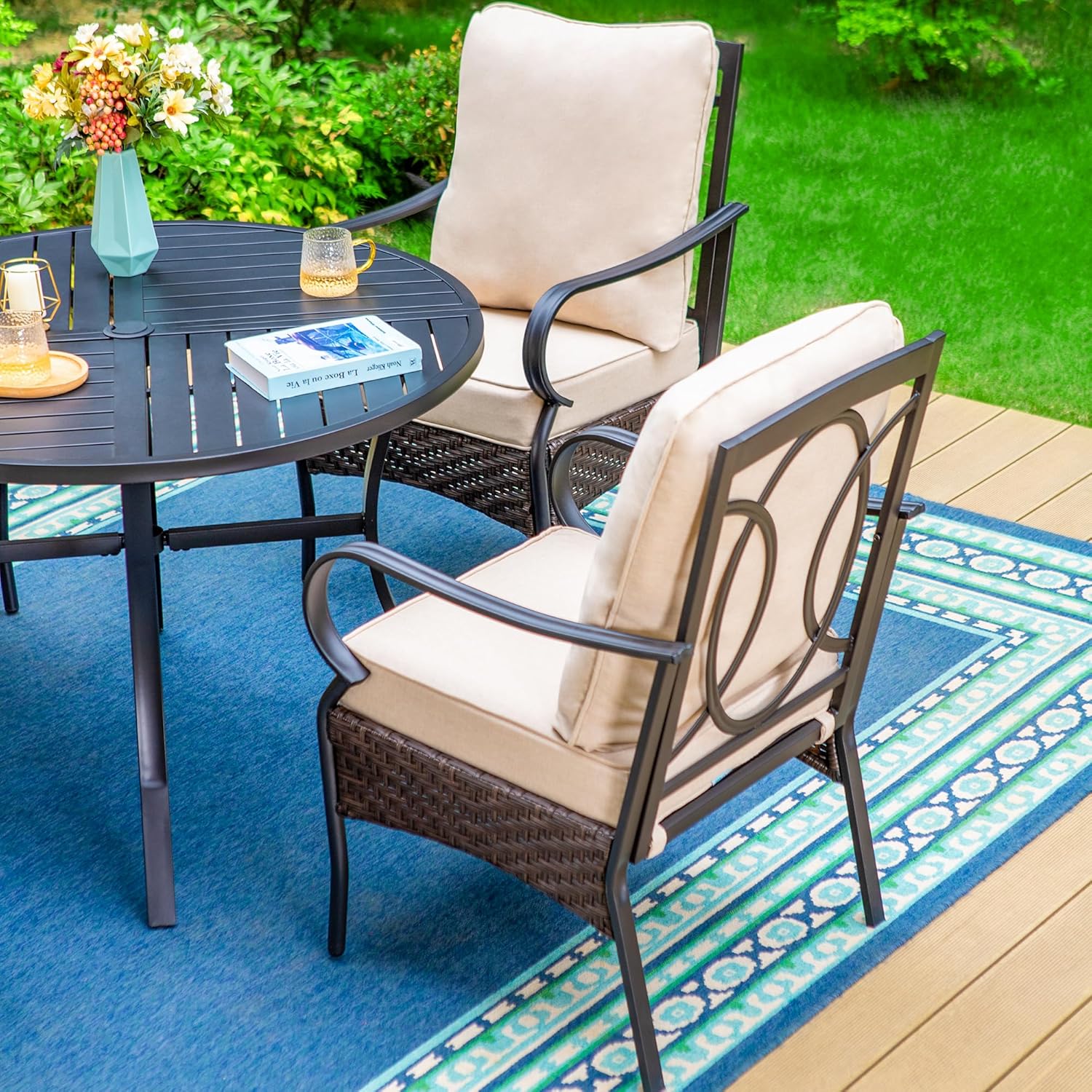 PHI VILLA 6-Piece Outdoor Dining Sets, All-Weather Patio Table and Chairs Set with Umbrella for 4, Heavy Duty Patio Round Table Set for Deck, 4 Extra Large Outdoor Swivel Chairs with Thick Cushions