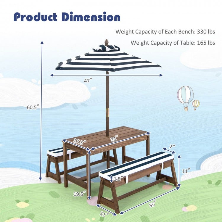Kids Picnic Table and Chairs with Cushions and Height Adjustable Umbrella