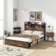 Full/Queen Size Bed Frame with 3-Tier Bookcase Headboard and Charging Station
