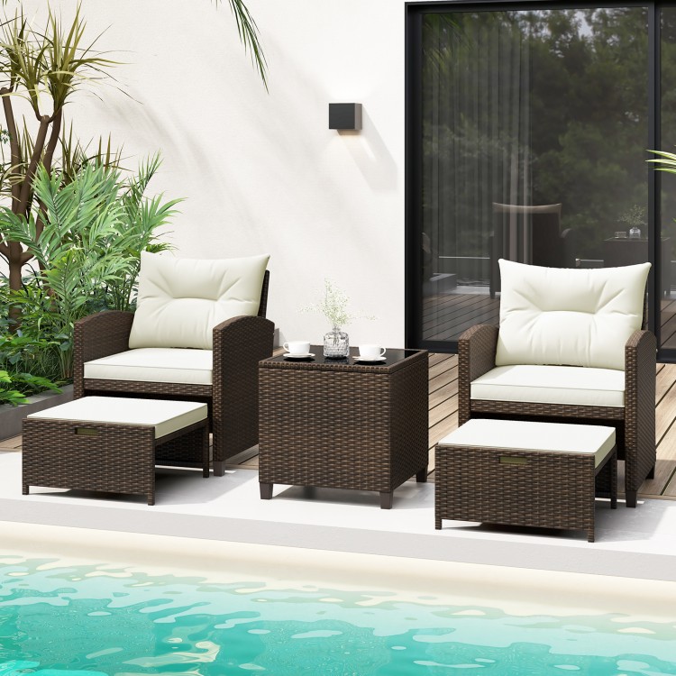 5 Pieces Patio Rattan Furniture with 2 Ottomans and Tempered Glass Coffee Table