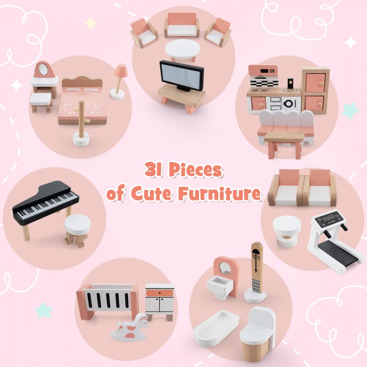 3-Tier Wooden Dollhouse for Kids Aged 3-8 Years Old with 32 Pieces of Accessories