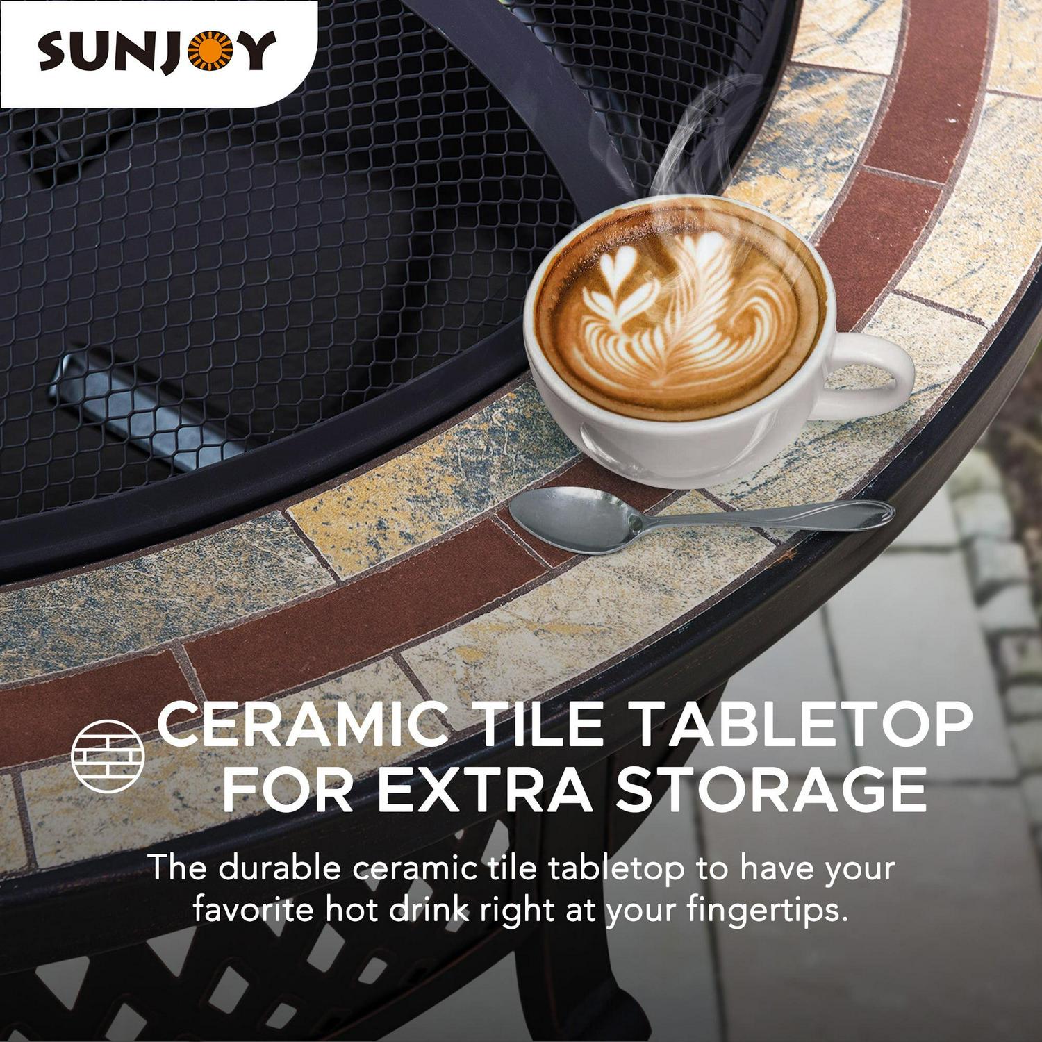 Sunjoy 40′′ Outdoor Fire Pit, Wood Burning, Steel & Tile, Includes Spark Screen & Poker, Round Patio & Backyard Bonfire