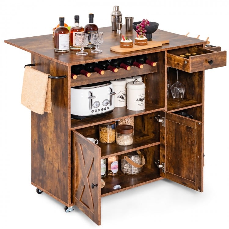 Rolling Kitchen Island Cart with Drop Leaf and Wine Rack