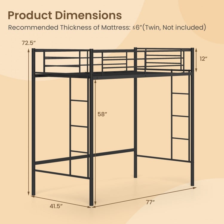 Twin Loft Bed Frame with 2 Ladders Full-length Guardrail
