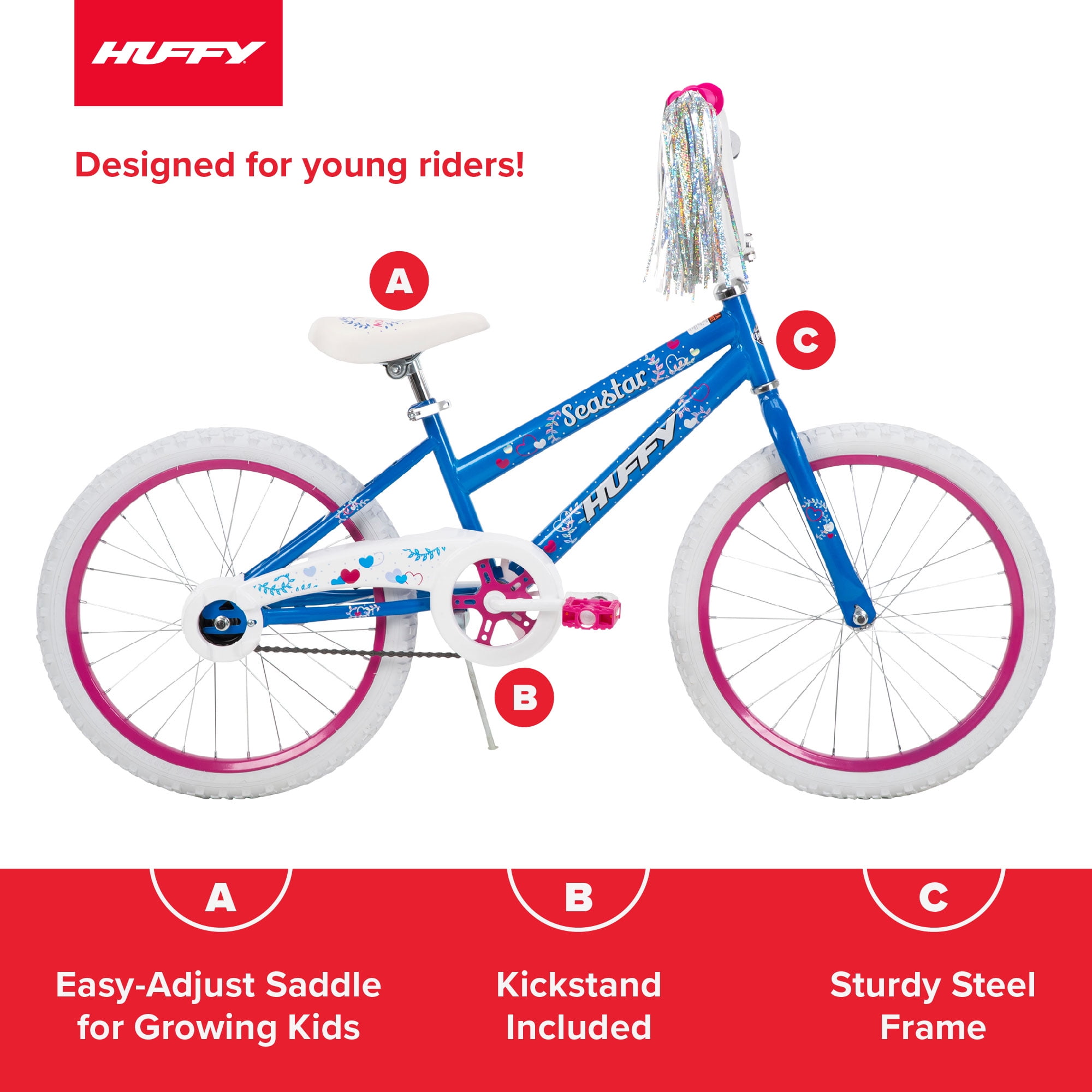Huffy Sea Star Kids Bike 20′′ Blue/Pink, Ages 5-12, Coaster Brake, Steel Frame, Streamers