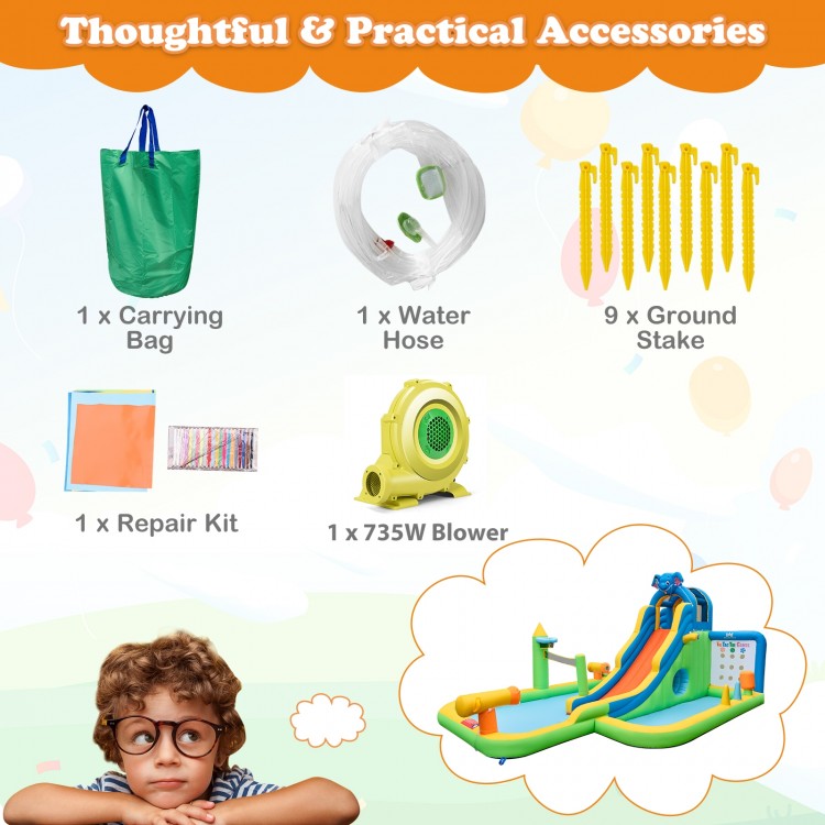 Inflatable Water Slide Giant Water Park 9-In-1 for Kids Backyard Fun with 735W Blower