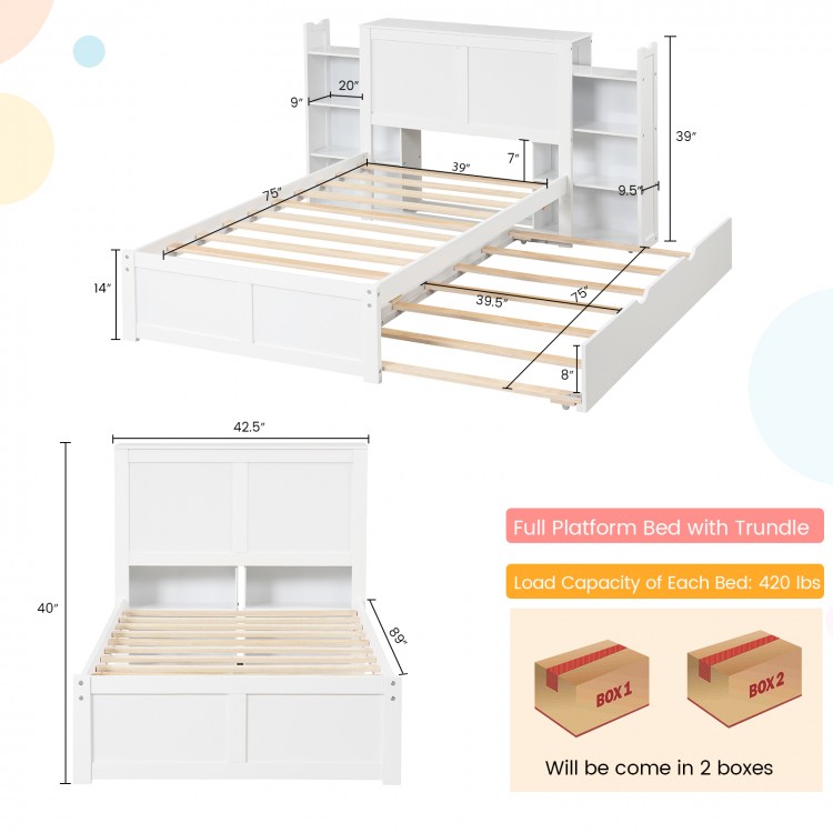 Twin/Full Kids Wooden Platform Bed with Trundle Storage Headboard