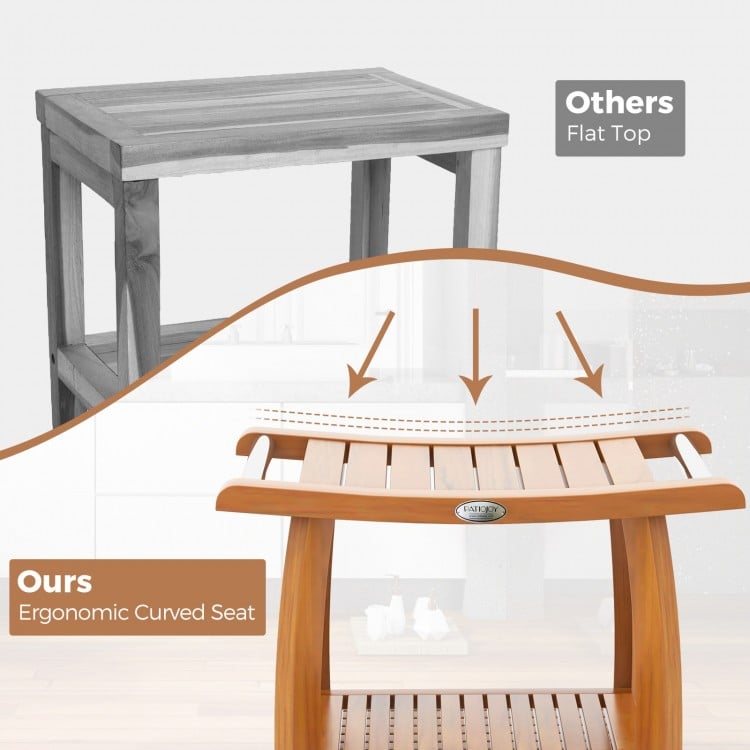 2-Tier Teak Wood Shower Bench Shower Stool with Curved Seat and Handles