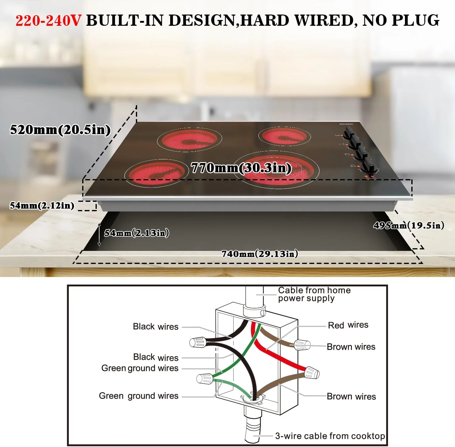 Karinear 30 Inch Electric Cooktop 4 Burners, Knob Control Built-in Ceramic Cooktop, 30