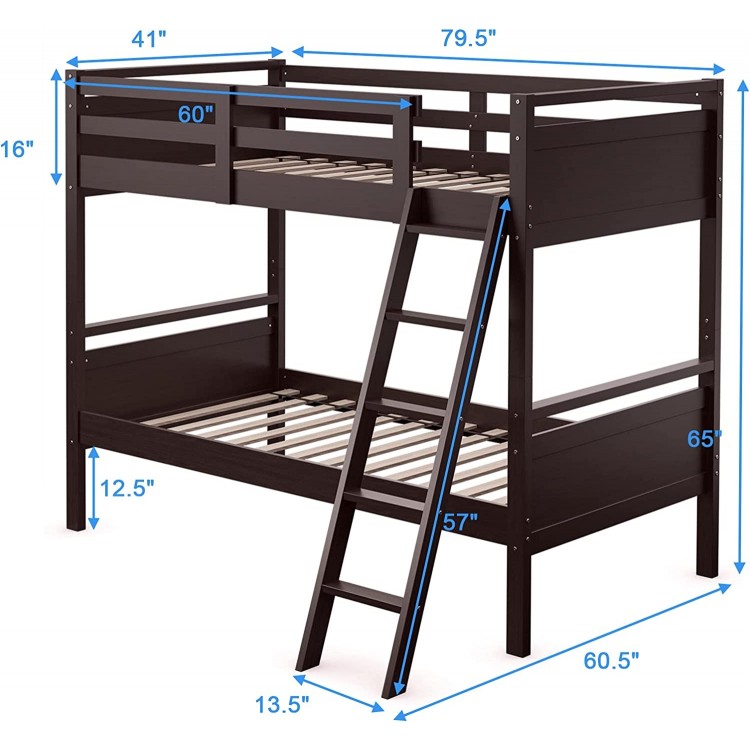 Twin Over Twin Bunk Bed with Ladder and Guard Rail