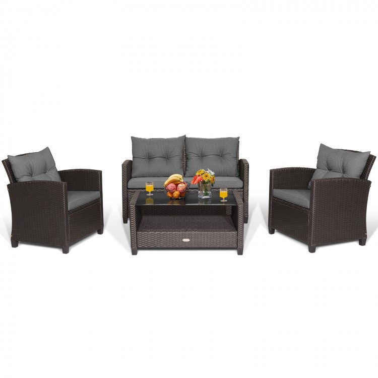 4 Pieces Patio Rattan Conversation Furniture Set with Glass Top Coffee Table
