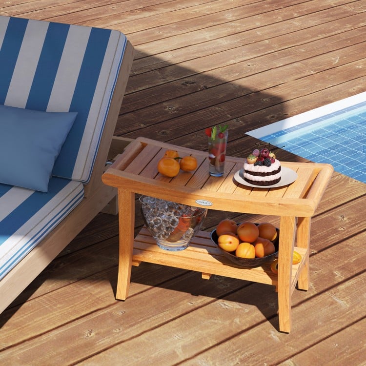 30 Inches Large Teak Shower Stool with Storage Shelf and Non-slip Footpads