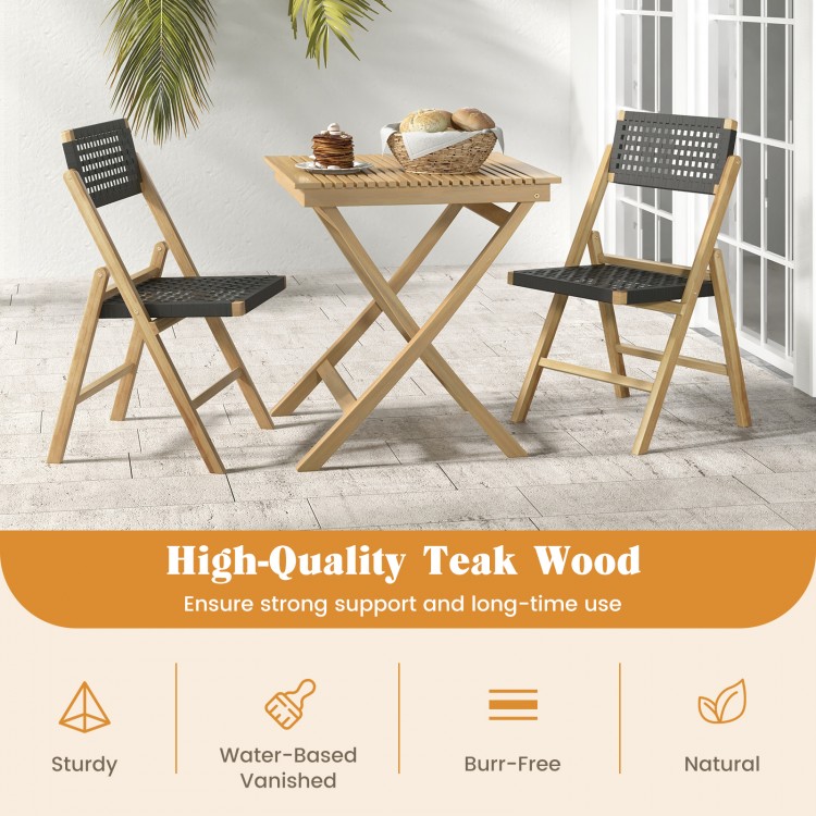 Set of 2 Folding Chairs Indonesia Teak Wood Dining Chairs with Woven Rope Seat and Back