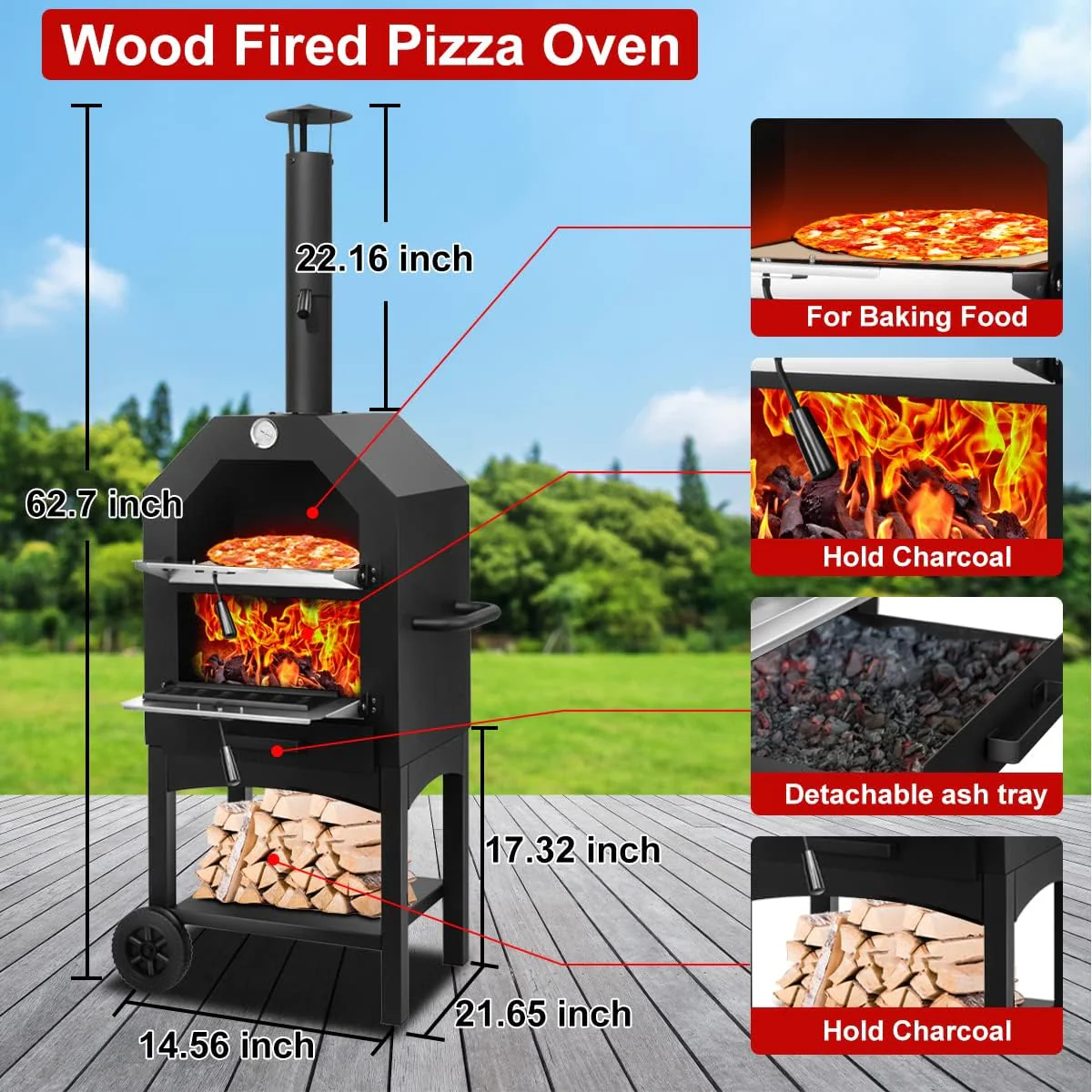 EDOSTORY Outdoor Pizza Oven, Wood Fired for Outside, Patio Maker With Stone, Peel, Grill Rack, and Waterproof Cover for Backyard Camping