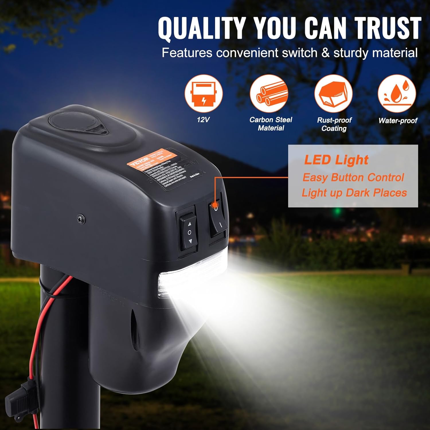 VEVOR Electric Trailer Jack 4000 lbs Capacity, Adjustable Height 9.84′′-27.95′′, Waterproof Cover, LED Light, for RV & Utility Trailers