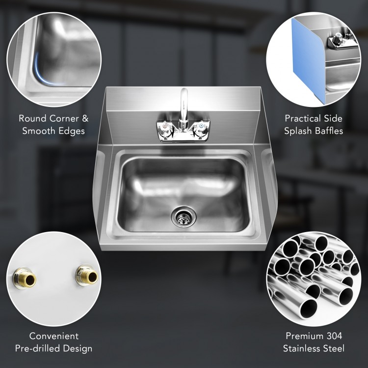 Stainless Steel Sink Wall Mount Hand Washing Sink with Faucet and Side Splash