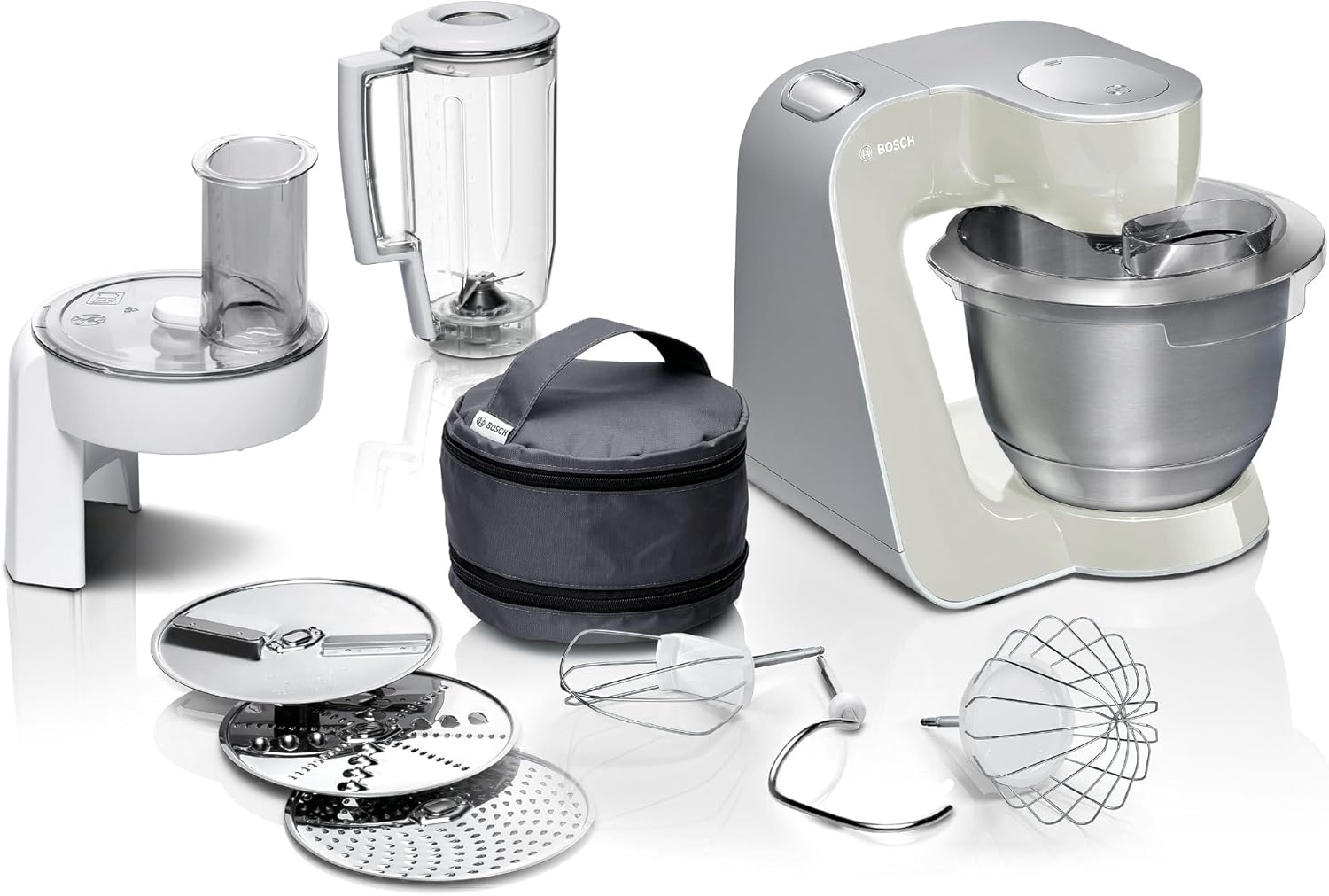 Bosch Foodprocessor serie 4 MUM58W20, skål i rustfrit stål 3,9 L blender 1,25 L, planetarisk røreværk, æltekrog, slag- og piskeris rustfrit stål, gennemgående udskæring, 3 skiver, 1000 W, hvid