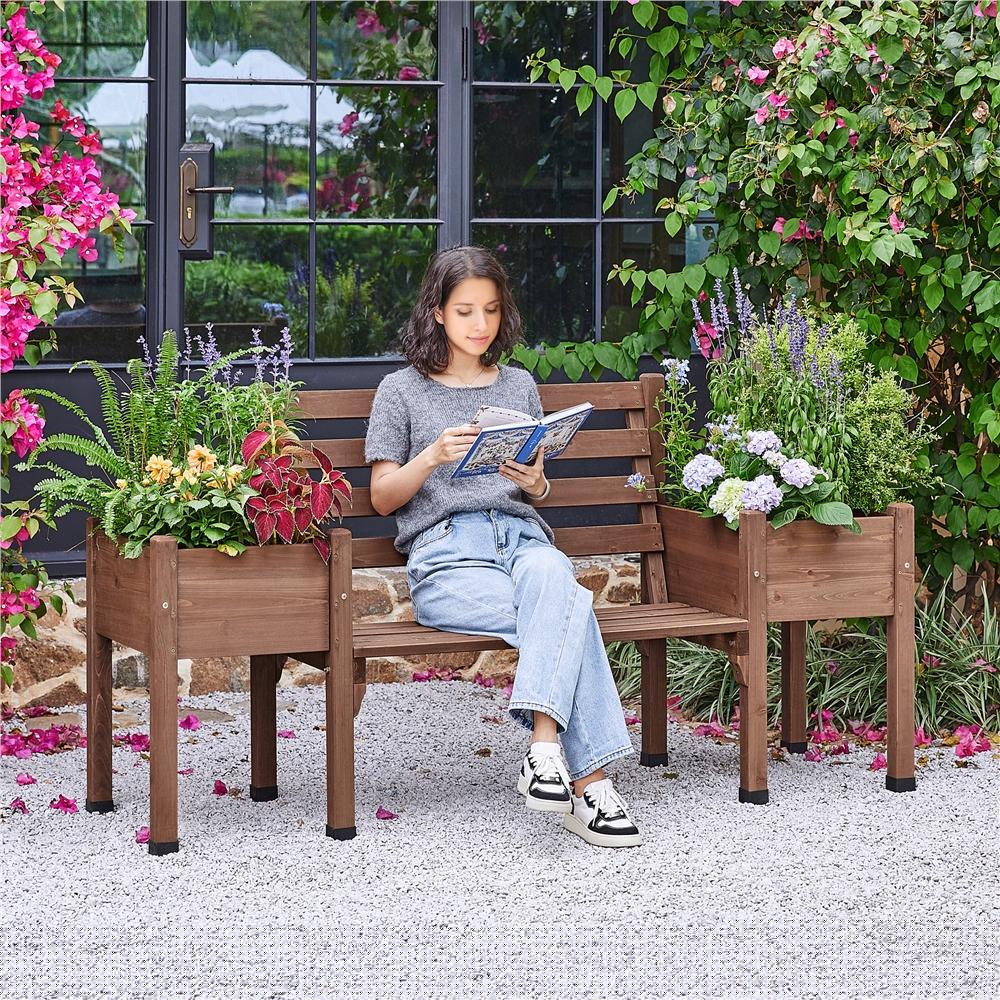 SmileMart Outdoor Wood Bench with Double Planter Boxes, Brown, Fir Wood, Water-Resistant