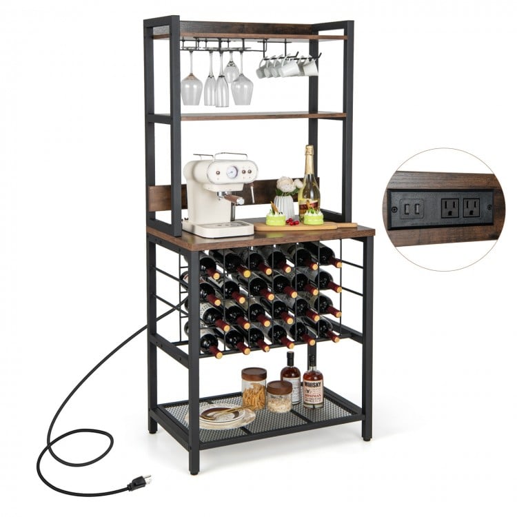 Wine Bar Cabinet Wine Rack with 4 Tier Storage Shelves and Glass Holders
