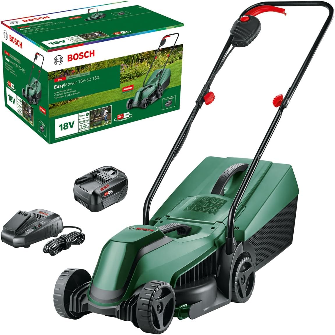 Bosch Trådløs plæneklipper EasyMower 18V-32-200 (1x 4,0 Ah batteri, 18 volt system, skærecirkeldiameter: 32 cm, i pap)