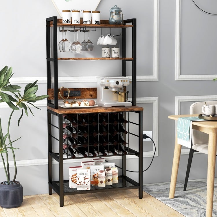 Wine Bar Cabinet Wine Rack with 4 Tier Storage Shelves and Glass Holders