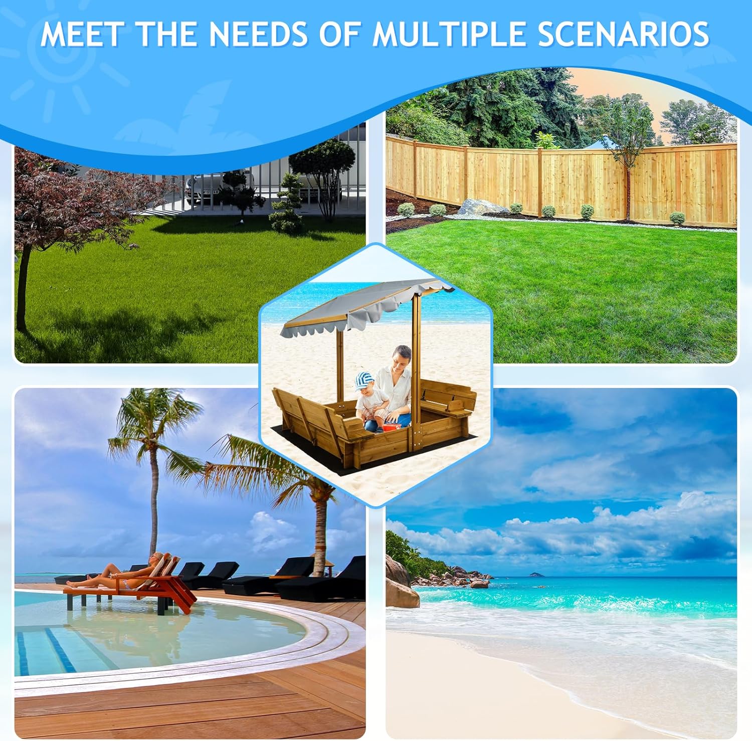 Kids Sandbox with Lid, Wooden Sand Box with Cover Outdoor, UV-Protection & Natural Wood, Foldable Bench Seat, Adjustable Canopy, Sand Box for Kids Ages 2-8（47x47in）