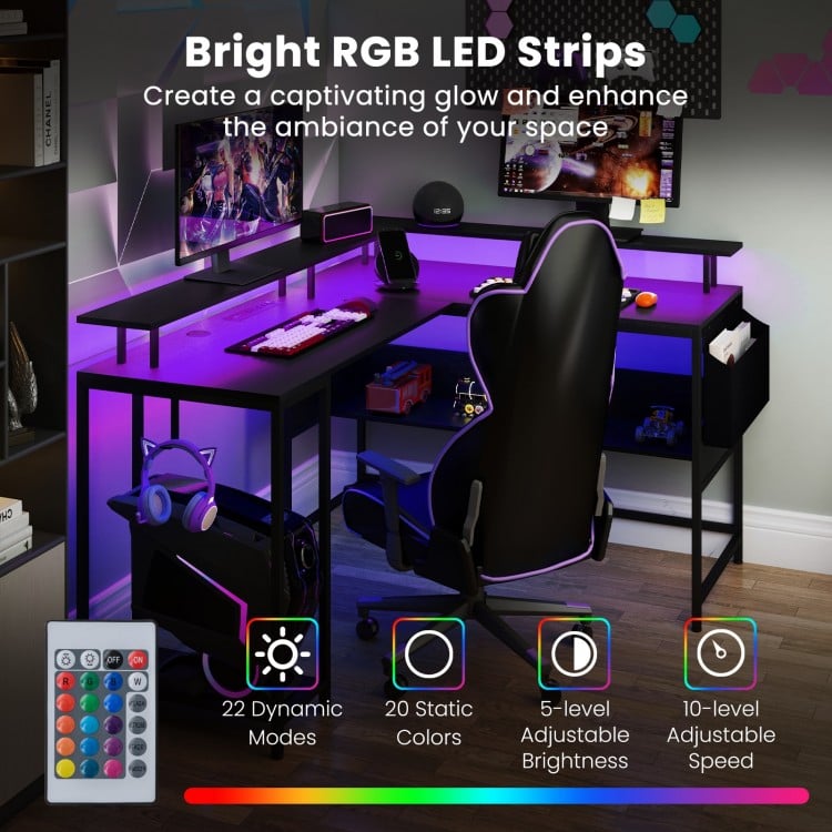 L-Shaped Gaming Desk with LED Lights and Power Outlets Home Office Computer Desk