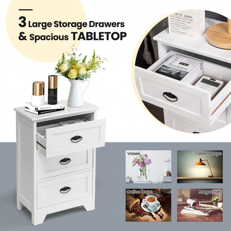 3-Drawer End Storage Wood Side Nightstand