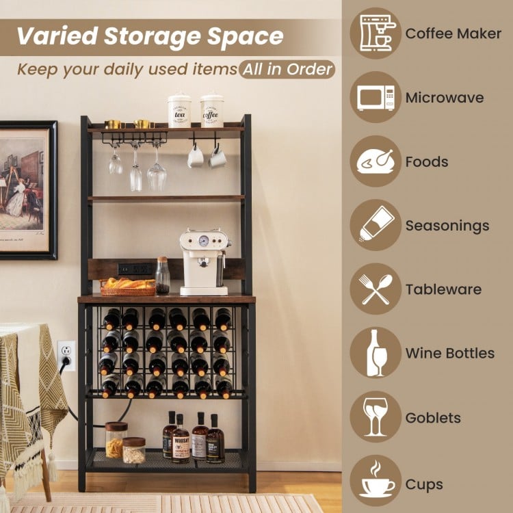 Wine Bar Cabinet Wine Rack with 4 Tier Storage Shelves and Glass Holders